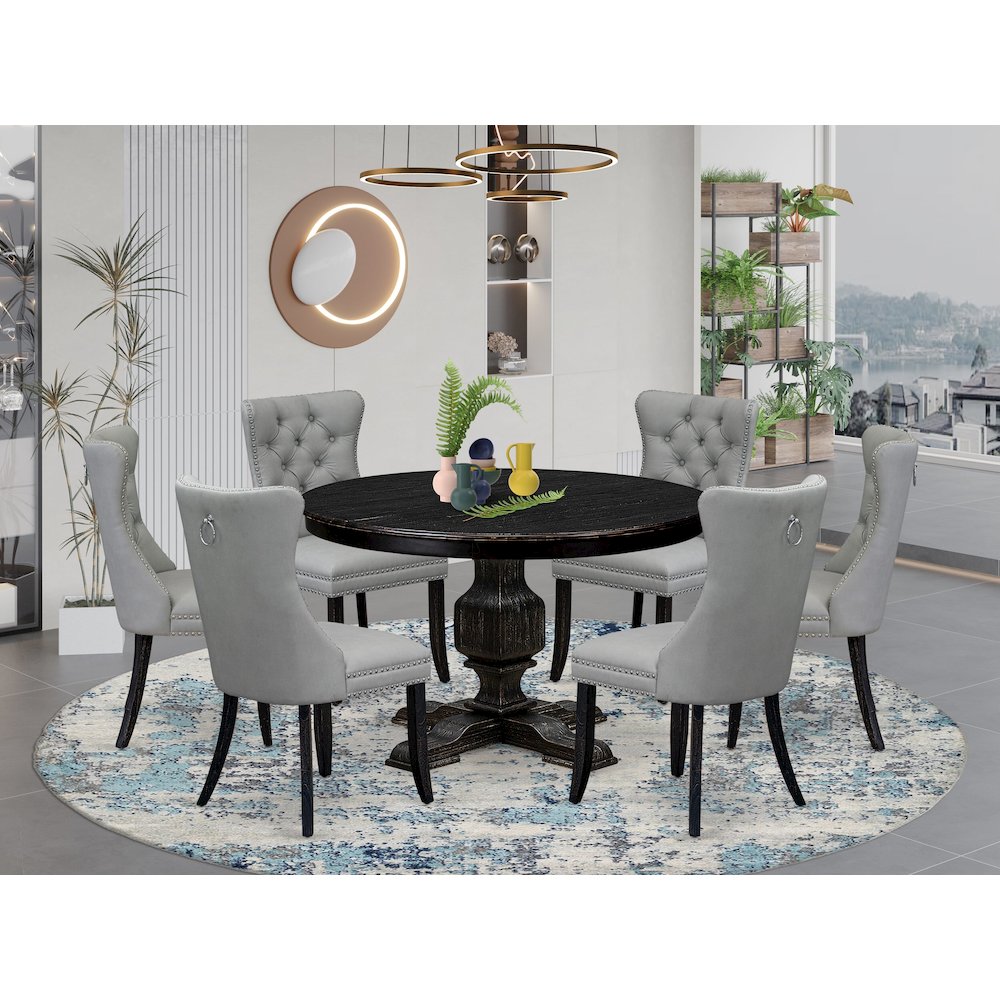 7 Piece Dining Table Set Consists Of 48″ Round Table In Light Gray Color