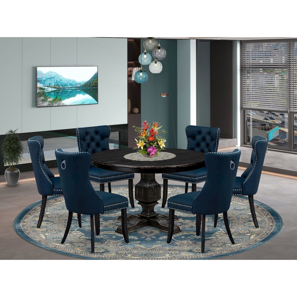 7 Piece Dining Table Set Includes 48″ Round Table In Navy Blue Color