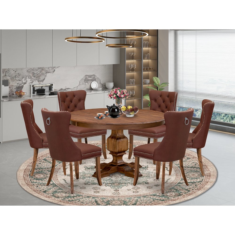 7-Pc Dining Table Set Consist A Mid Century Table And 6 Burgundy Parson Chairs