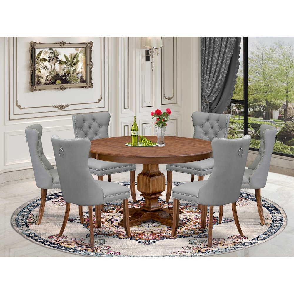 7-Pc Mid Century Dining Set Consist A Table And 6 Light Gray Upholstered Chairs