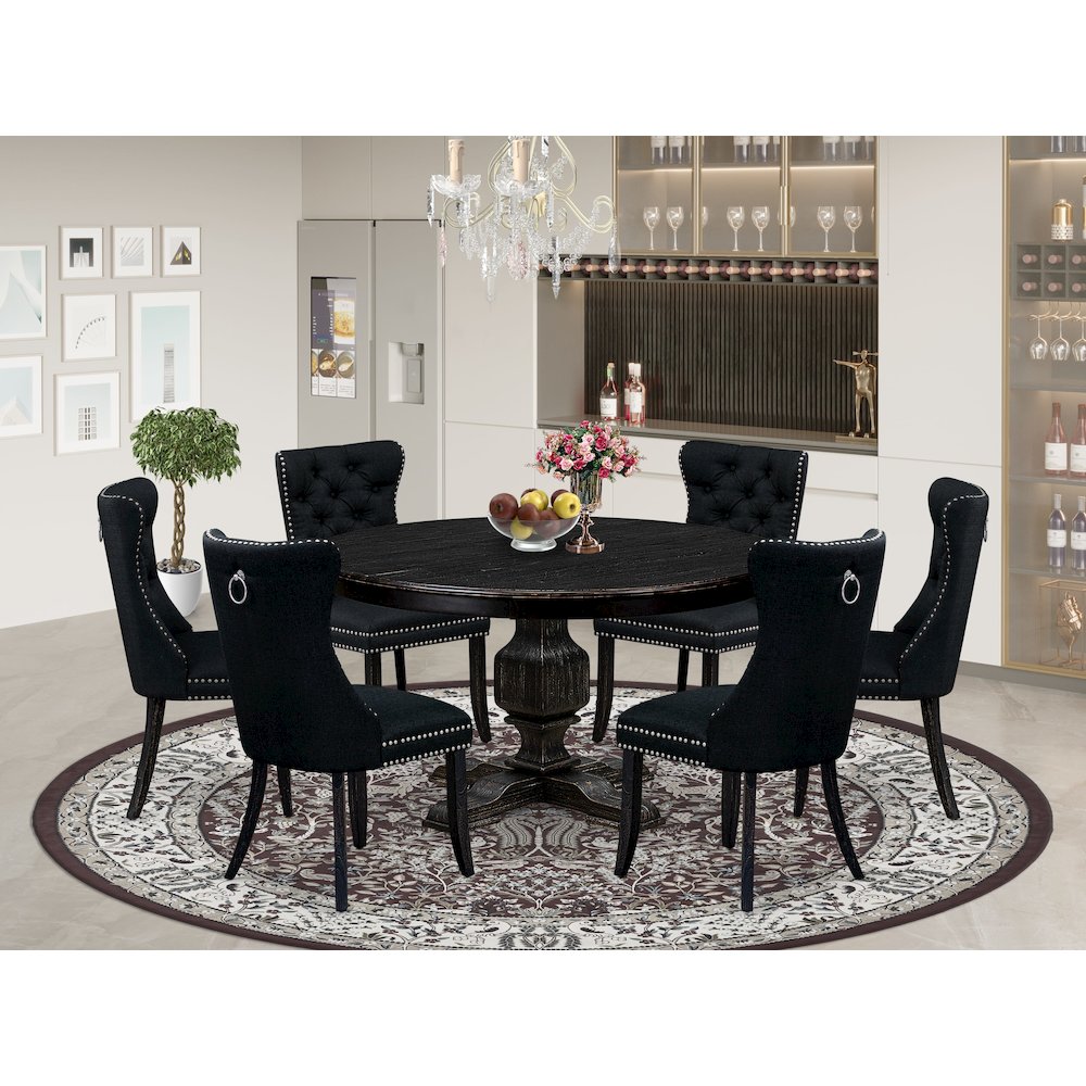 7 Piece Kitchen Table Set Contains 54″ Round Table In Black Color