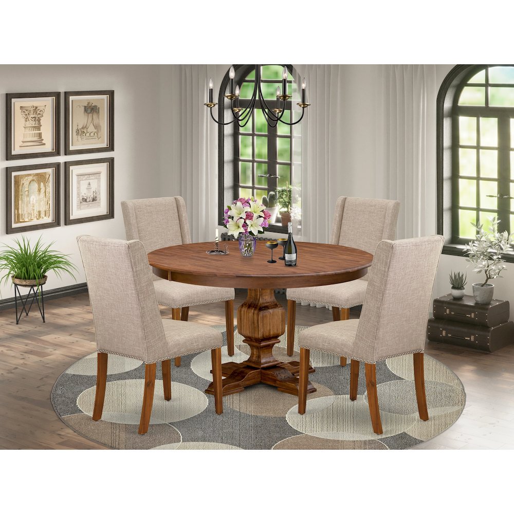 5-Piece Kitchen Table A Modern Table And 4 Light Tan Linen Fabric Dining Chairs