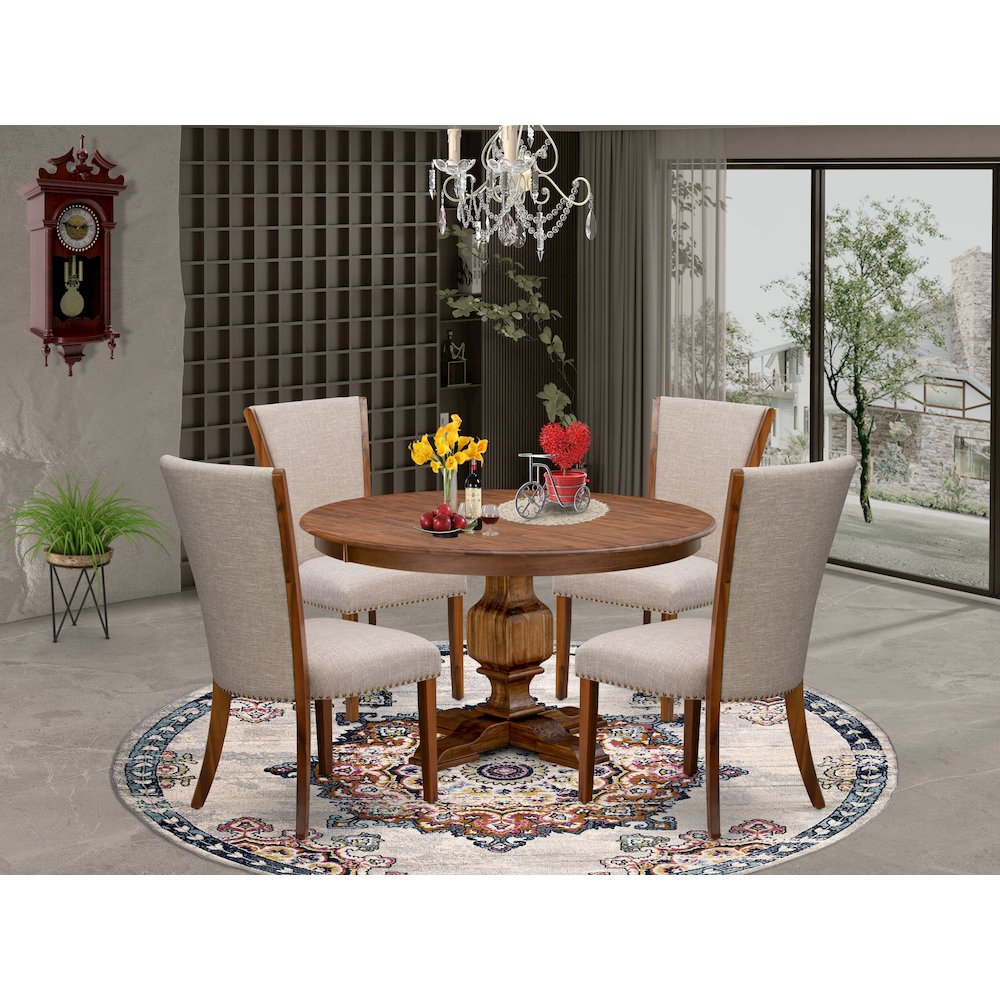 5 Piece Dinette Set For 4 Contains 54″ Round Table In Light Tan Color