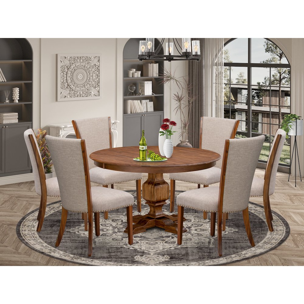 7 Piece Dining Set For 6 Includes 54″ Round Table In Light Tan Color