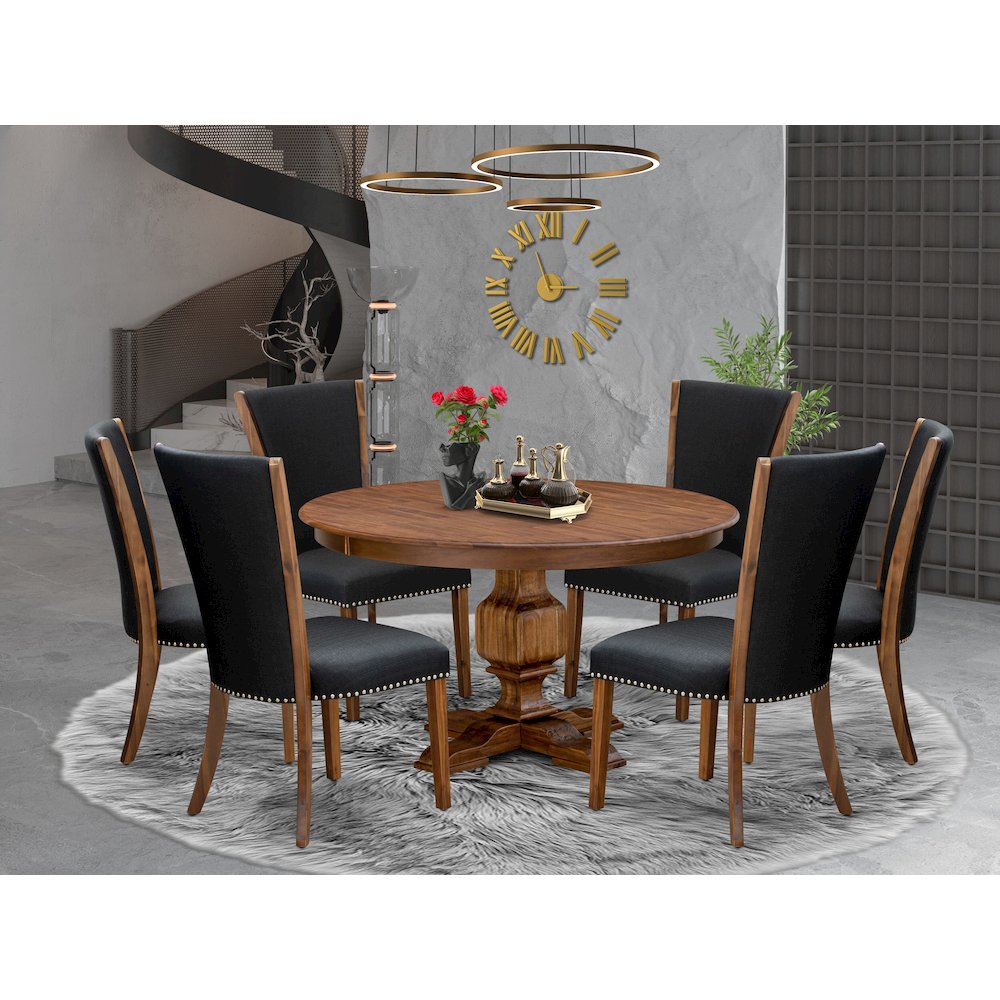 7 Piece Kitchen Table Set Consists Of 54″ Round Table In Black Color