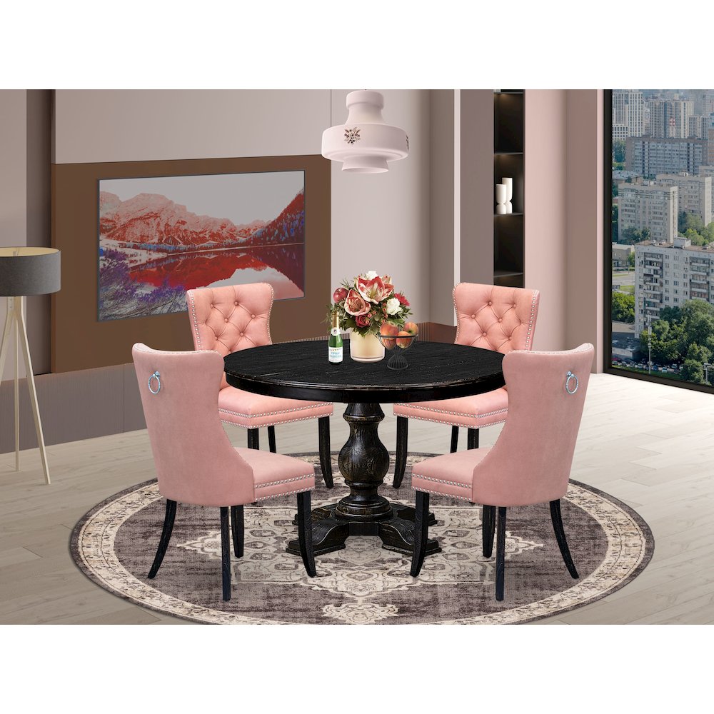 5 Piece Dining Set For 4 Contains 48″ Round Table In Beige Red Color