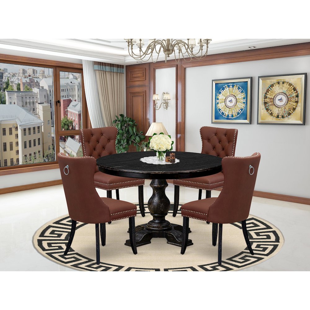 5 Piece Dining Table Set Contains 48″ Round Table In Burgandy Color