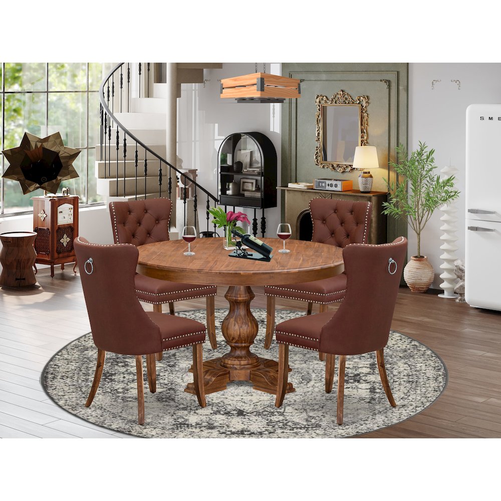 5-Pc Dining Set Contain A Wooden Table And 4 Burgundy Upholstered Dining Chairs