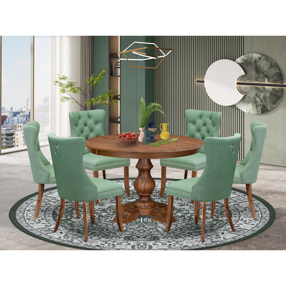 7-Pc Mid Century Dining Set Include A Dining Table And 6 Willow Green Chairs