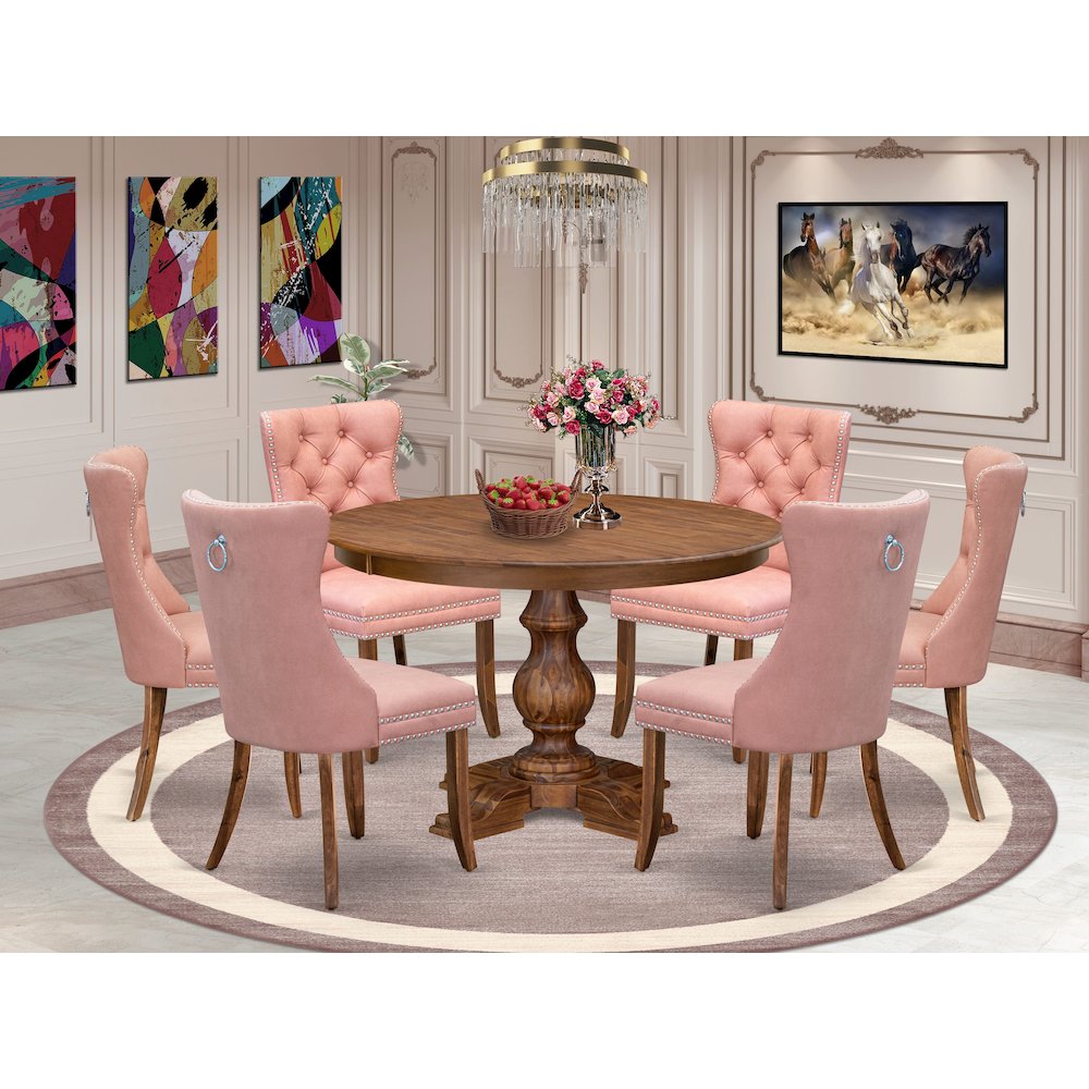 7-Pc Mid Century Modern Dining Table Set Include A Table And 6 Beige Red Chairs