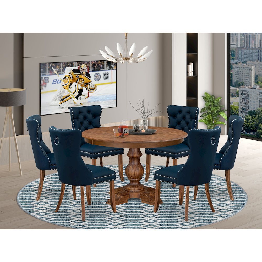 7-Piece Kitchen Table Set Featuring 6 Navy Blue Faux Leather Dining Chairs