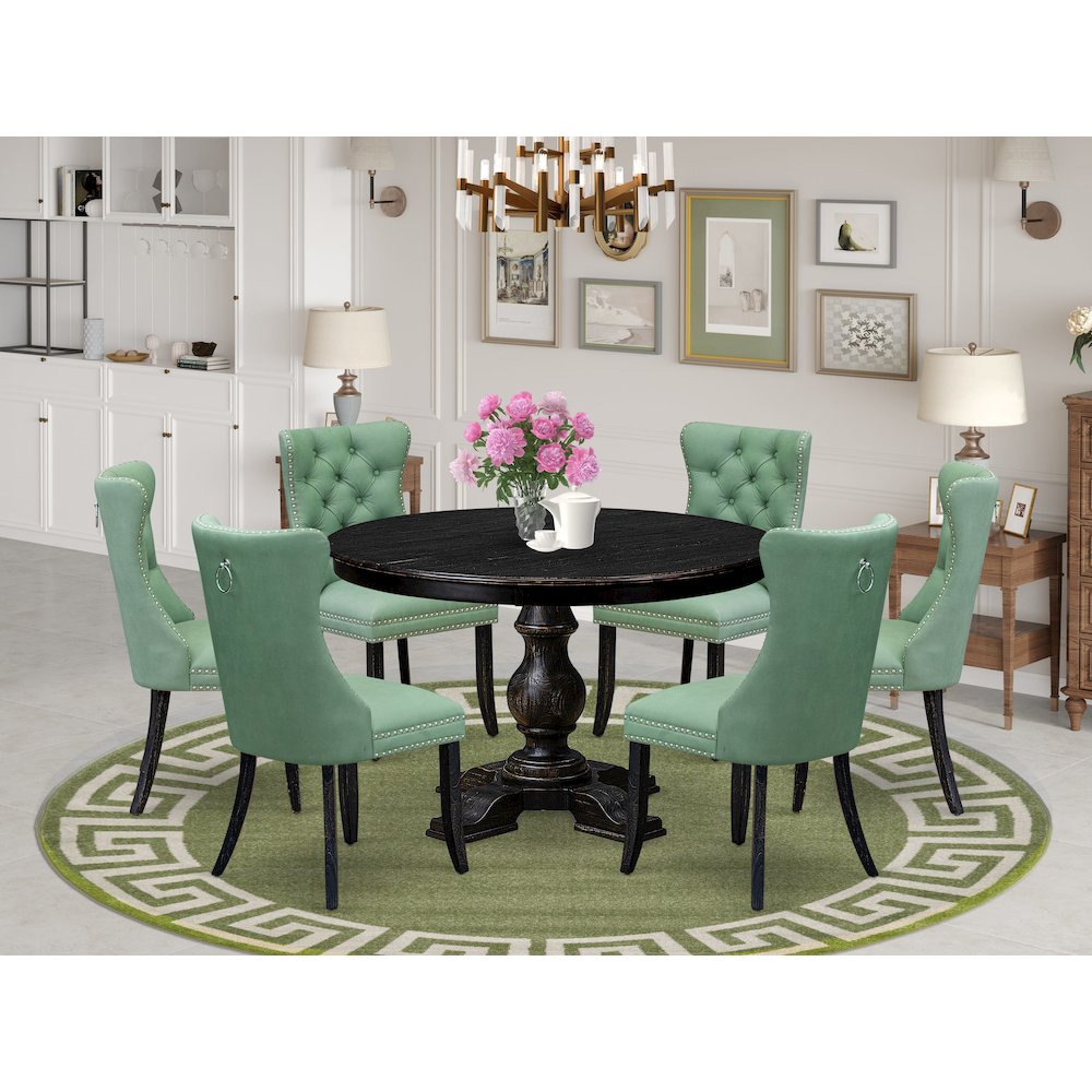 7 Piece Dinette Set Contains 48″ Round Table In Willow Green Color