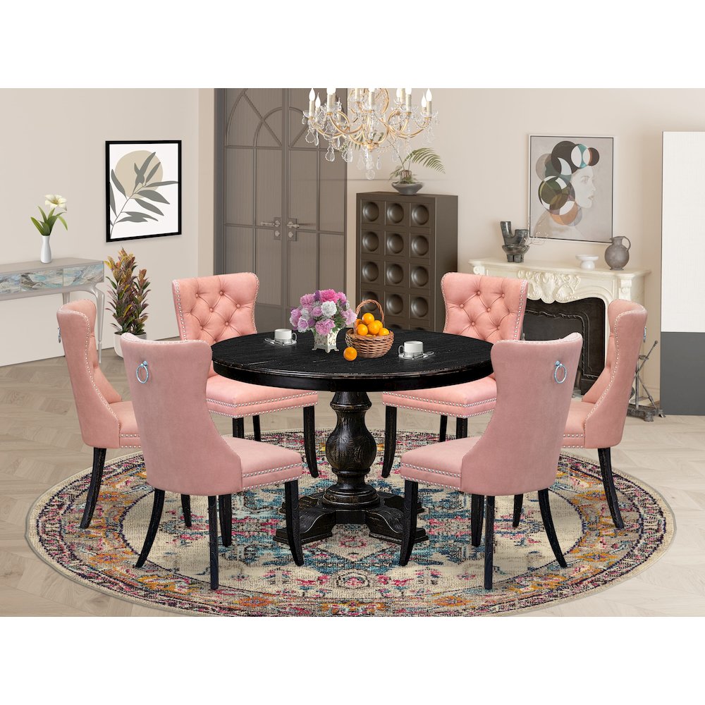 7 Piece Dining Set Includes 48″ Round Kitchen Table In Beige Red Color