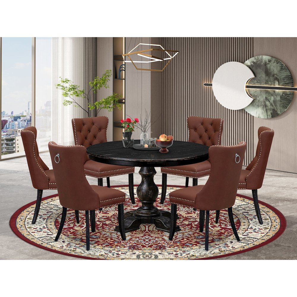 7 Piece Dining Table Set Includes 48″ Round Table In Burgandy Color
