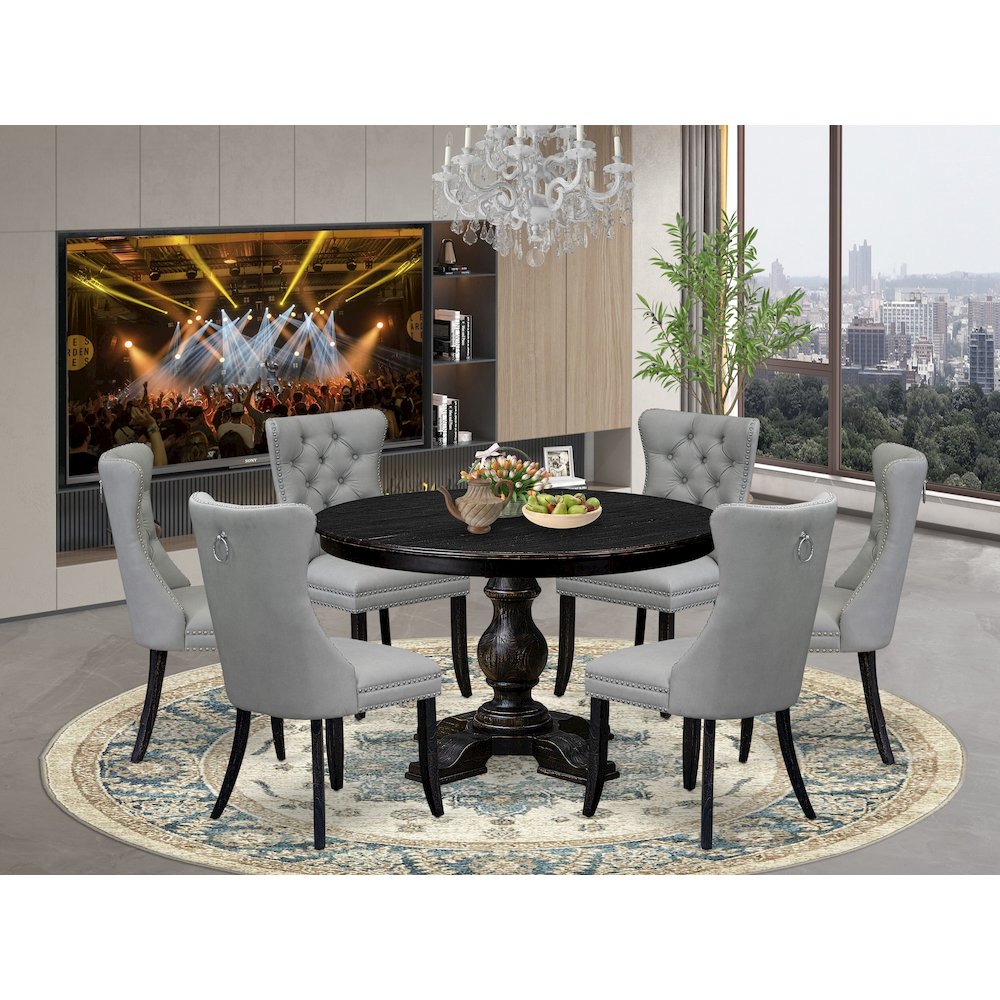 7 Piece Dining Table Set Includes 48″ Round Table In Light Gray Color