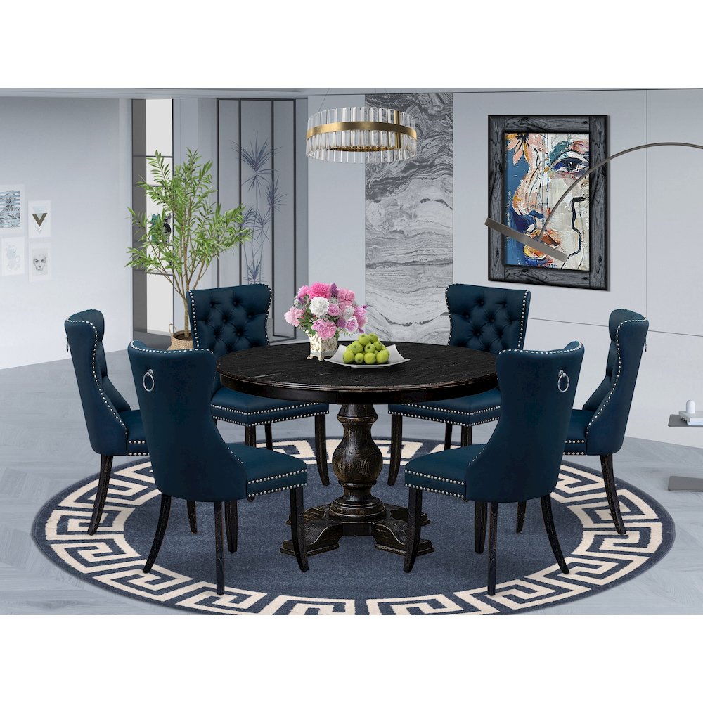 7 Piece Dining Table Set Contains 48″ Round Table In Navy Blue Color