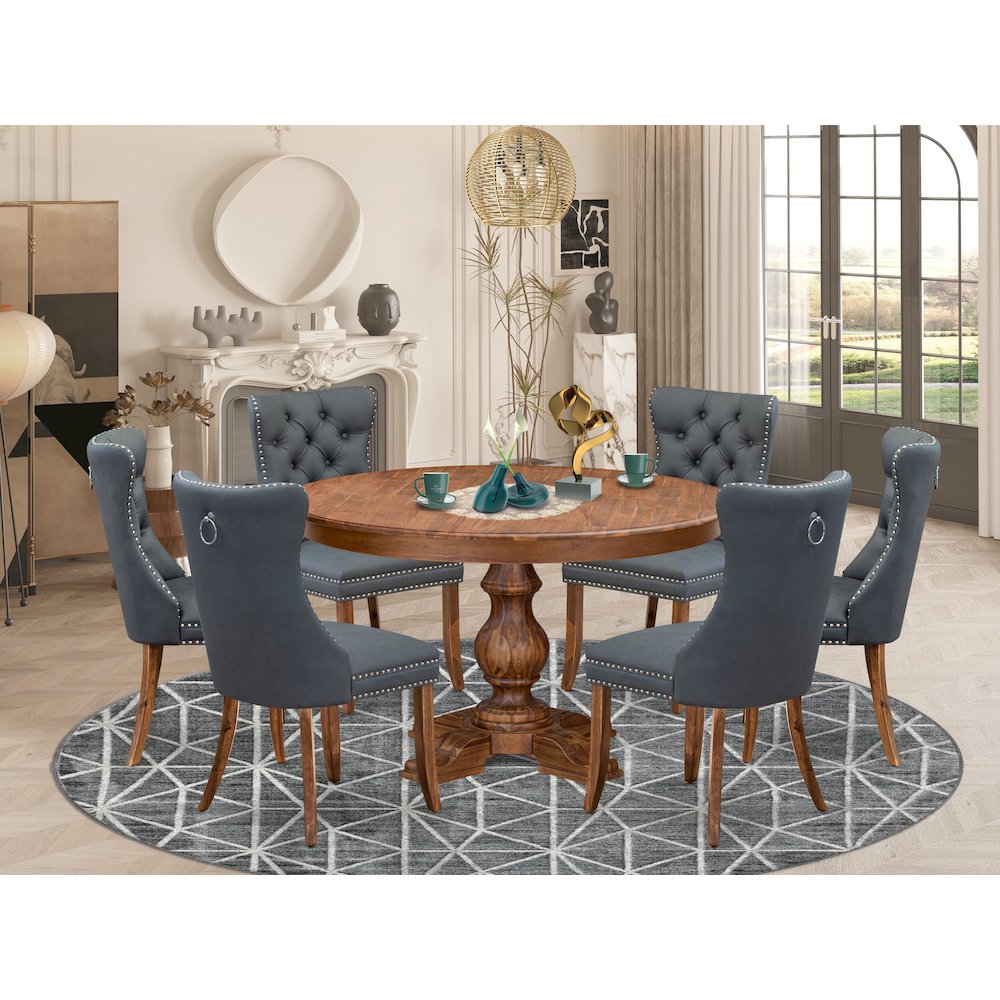 7-Piece Mid-Century Dining Table And 6 Platinum Gray Kitchen Chairs