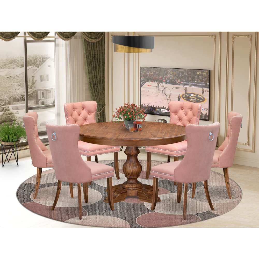 7-Pc Dining Room Set Include A Table And 6 Beige Red Upholstered Dining Chairs