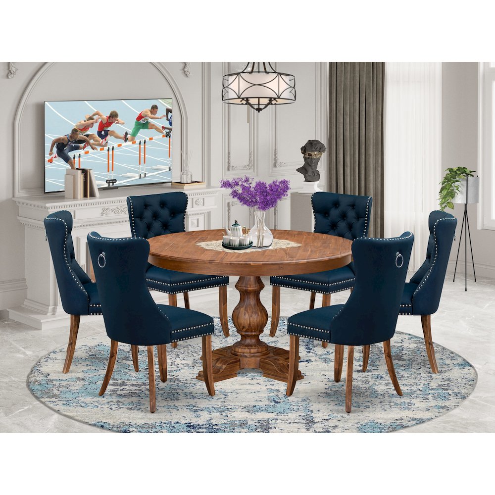7-Pc Kitchen Table Set Include A Dining Table And 6 Navy Blue Parson Chairs
