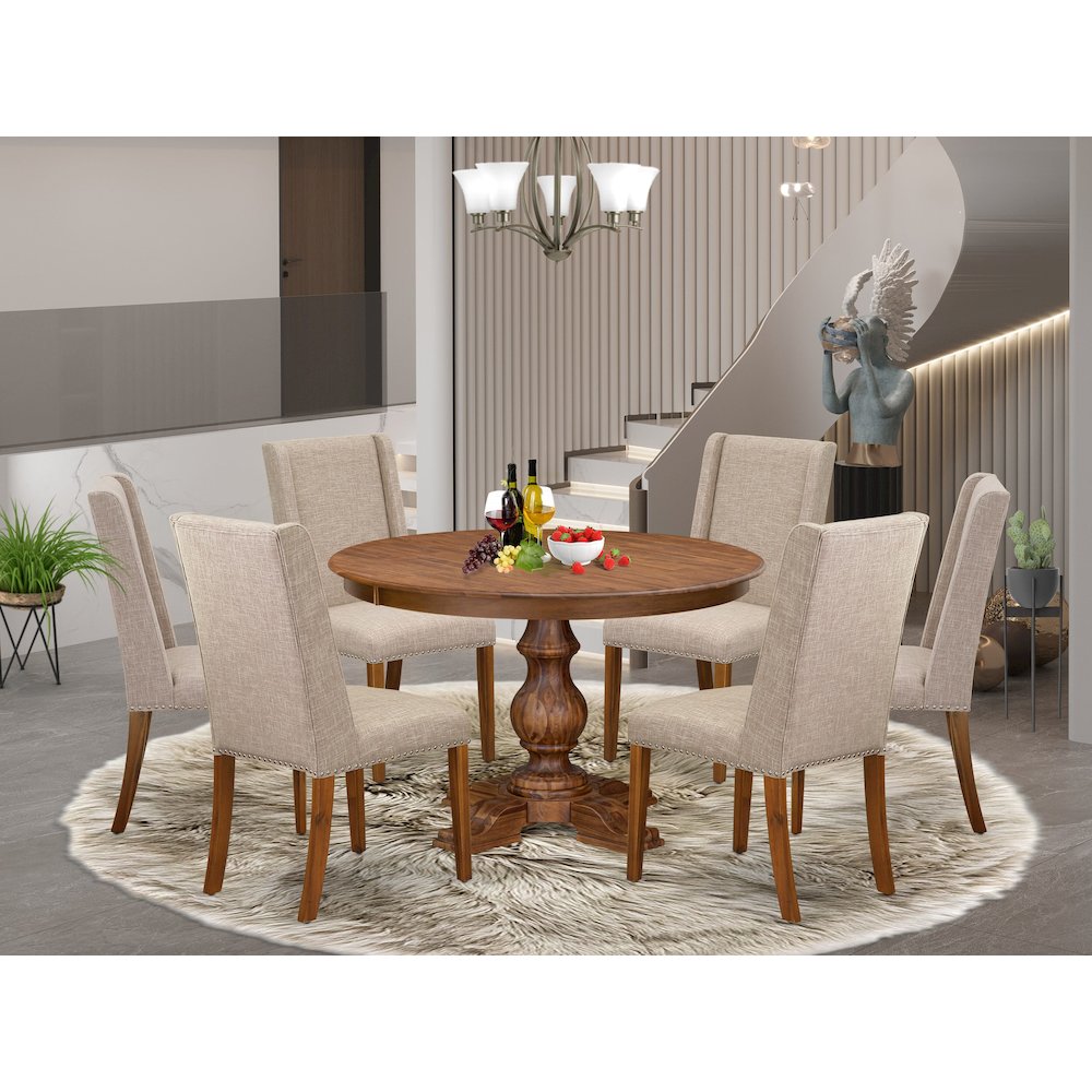7-Piece Modern Dining Table And 6 Light Tan Linen Fabric Dinner Chairs