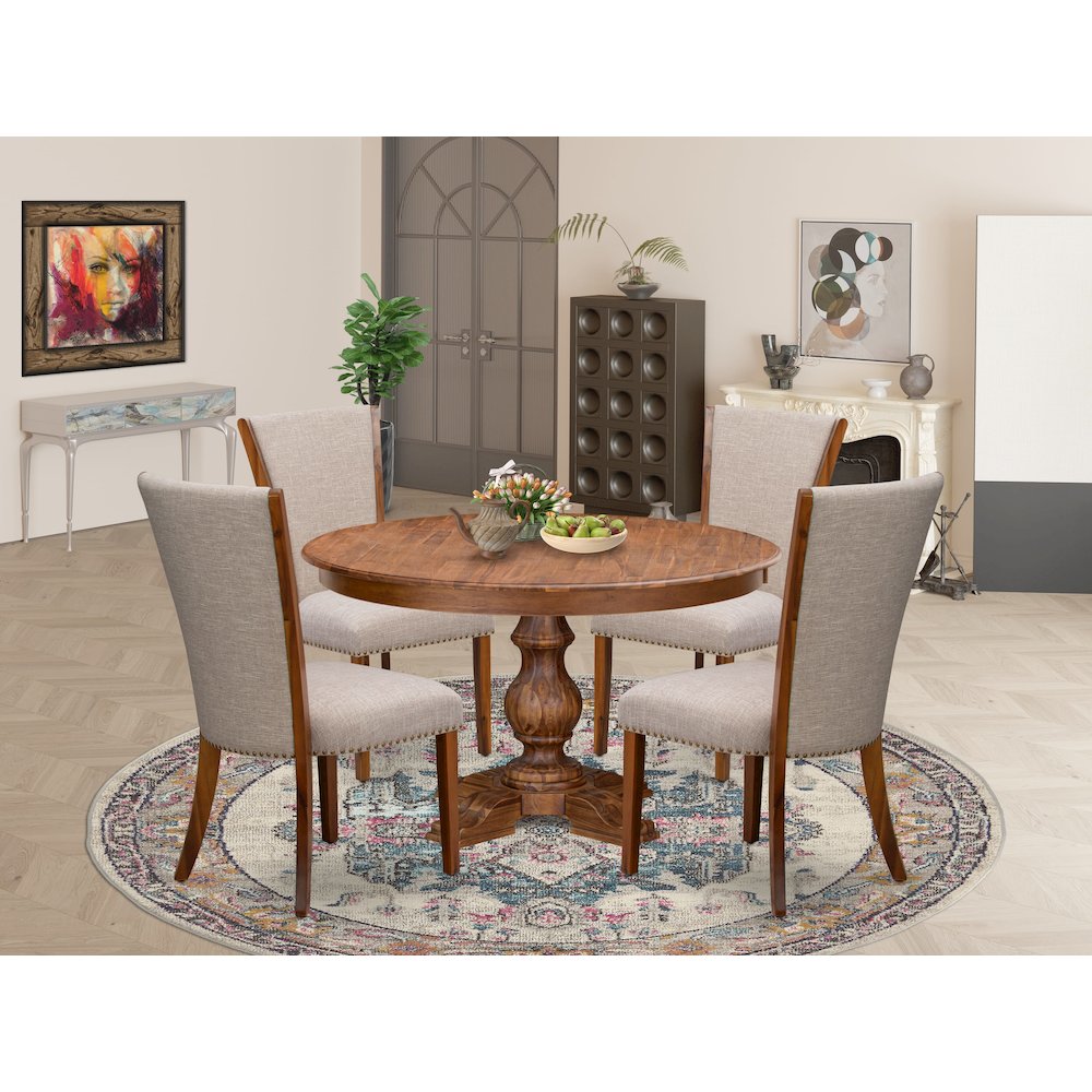 5 Piece Dining Table Set Includes 54″ Round Table In Light Tan Color