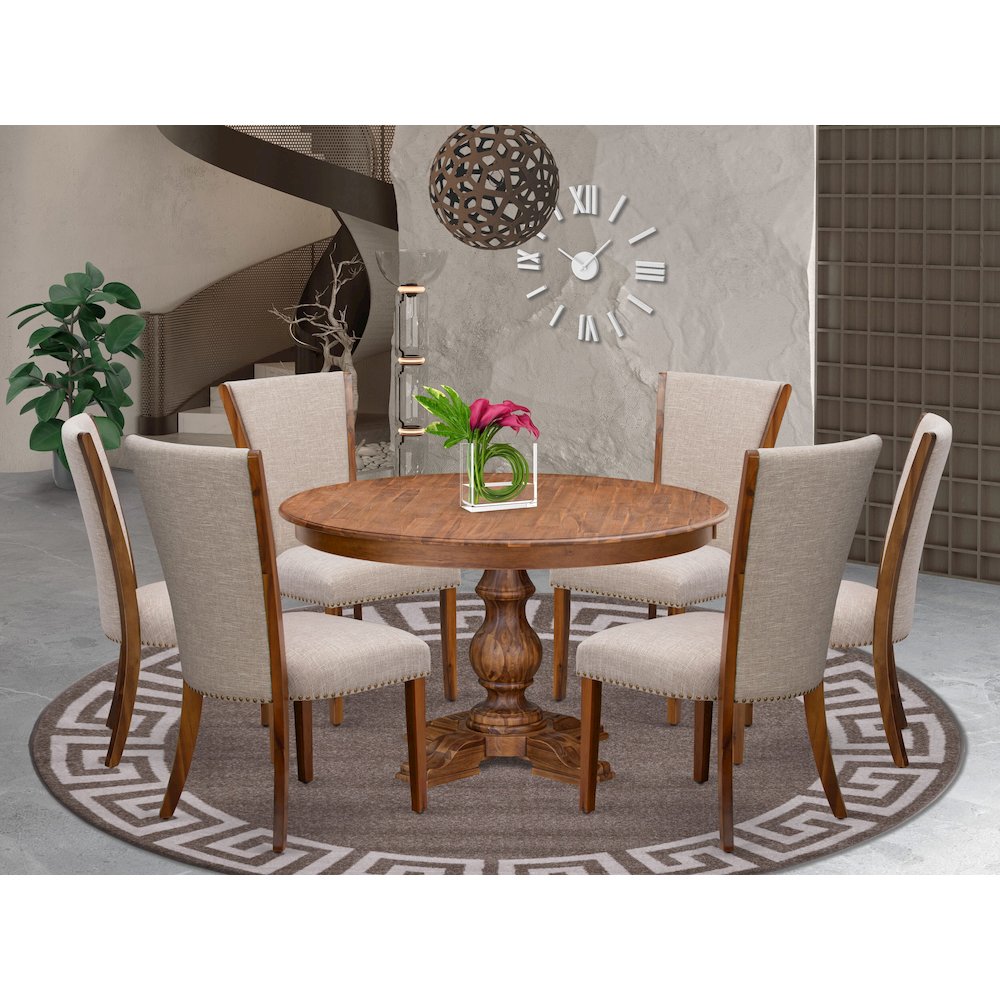 7 Piece Dinette Set Consists Of 54″ Round Dining Table In Light Tan Color