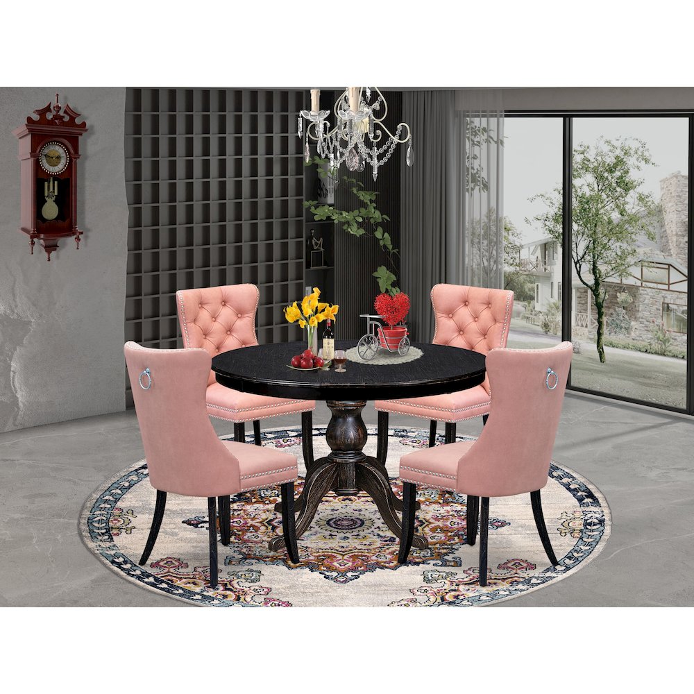 5 Piece Dining Set For 4 Consists Of 48″ Round Table In Beige Red Color