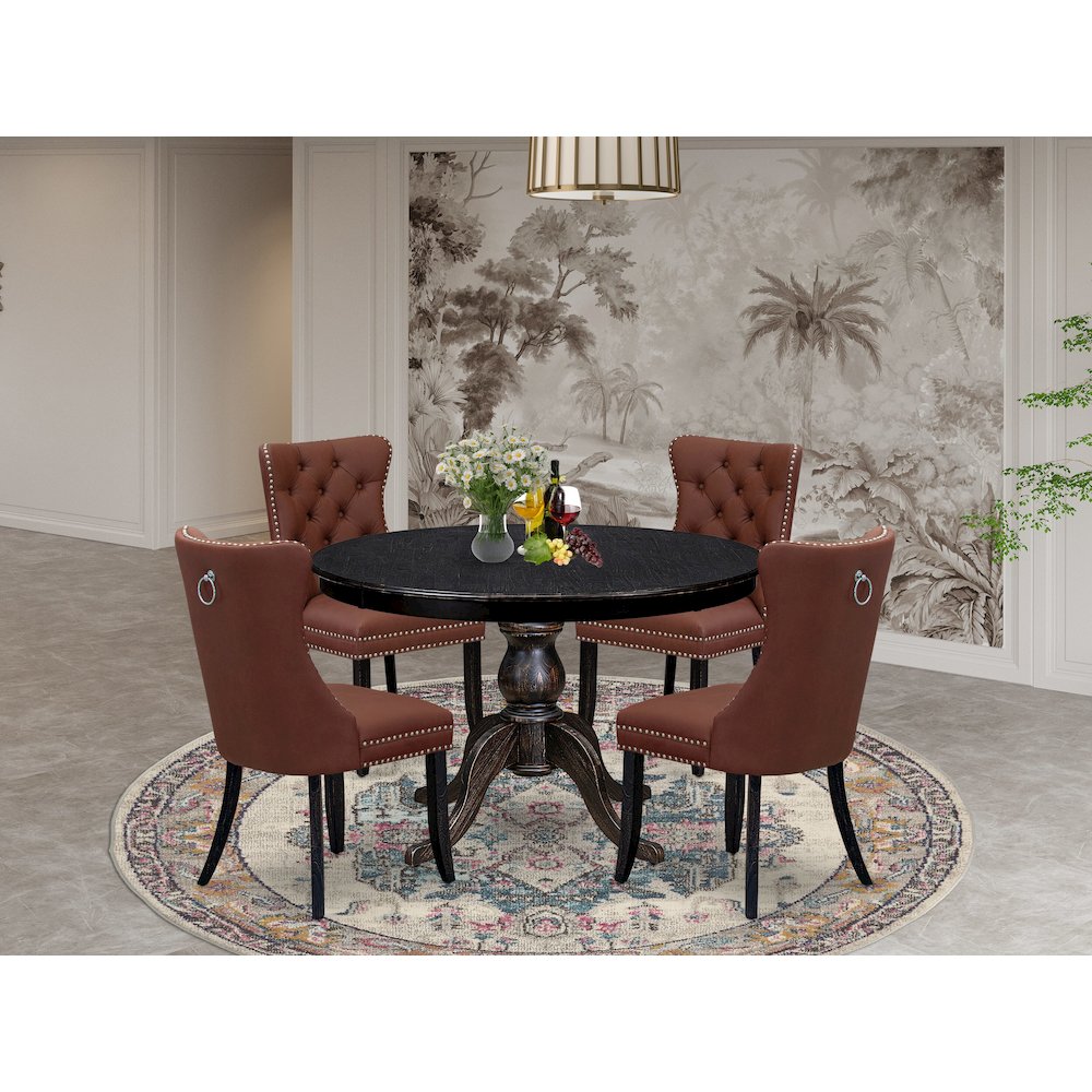 5 Piece Dining Table Set Consists Of 48″ Round Table In Burgandy Color