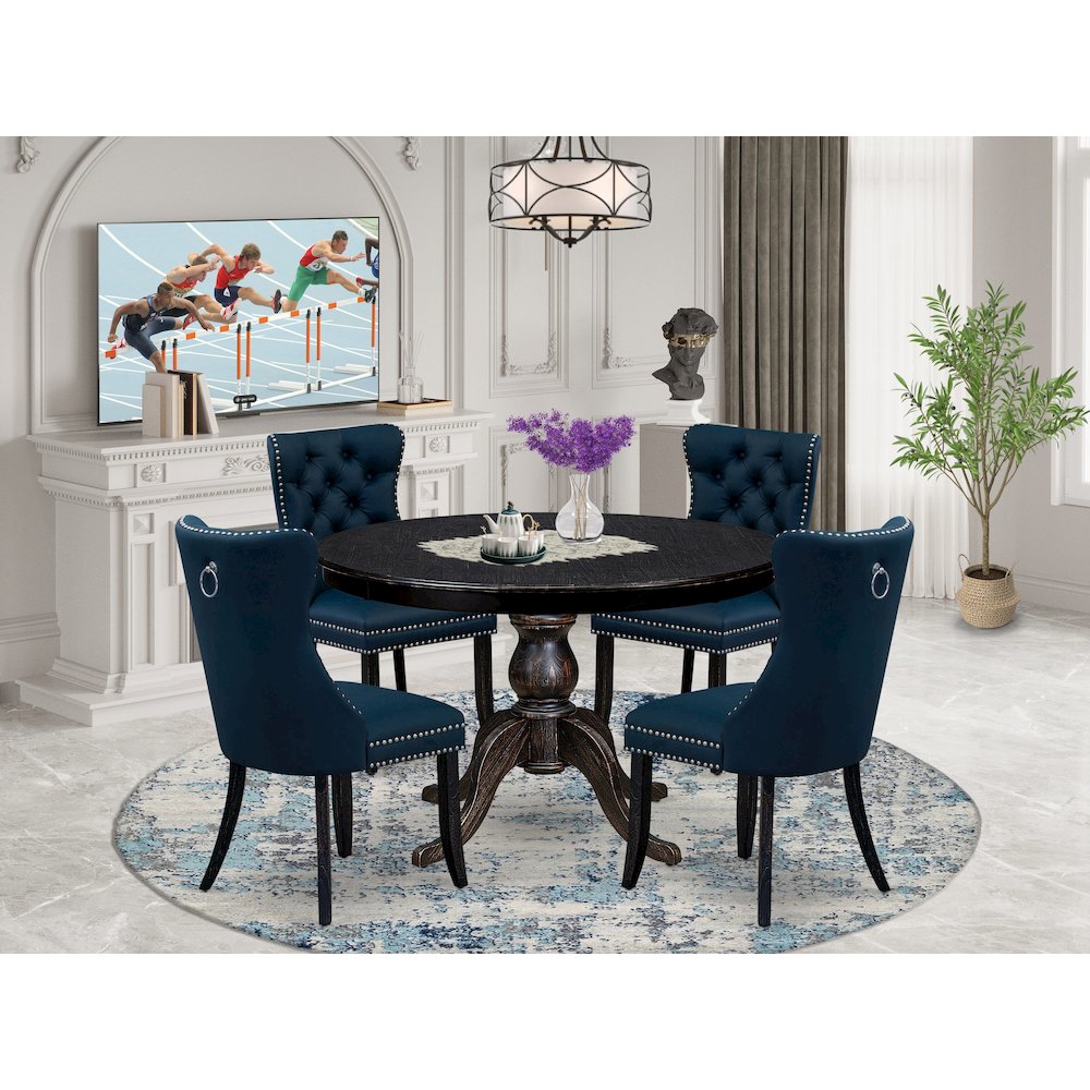 5 Piece Dining Table Set Includes 48″ Round Table In Navy Blue Color
