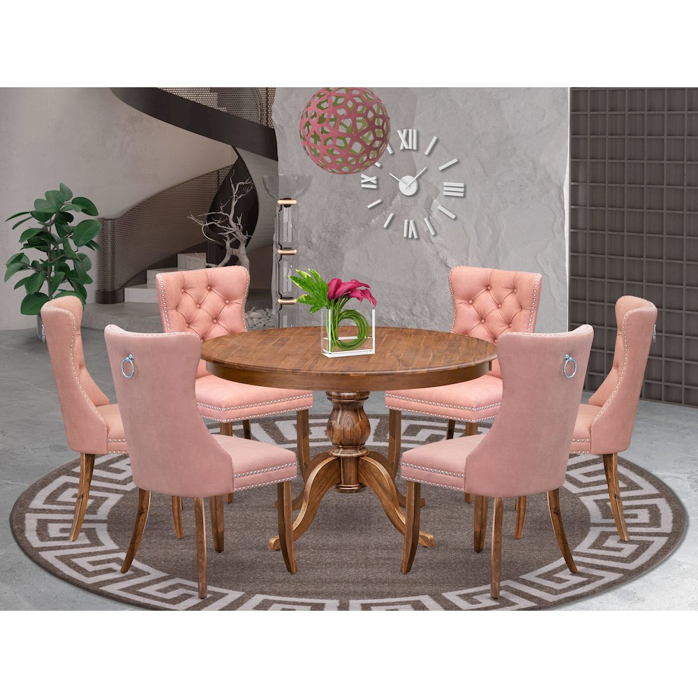 7-Pc Dining Room Table Set Contain A Mid Century Table And 6 Beige Red Chairs