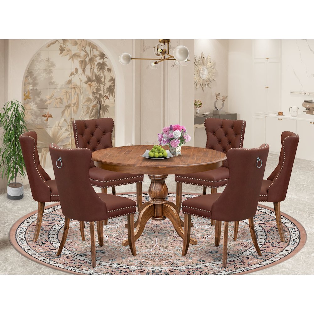7-Pc Dining Room Set Contain A Dining Table And 6 Burgundy Parsons Chairs