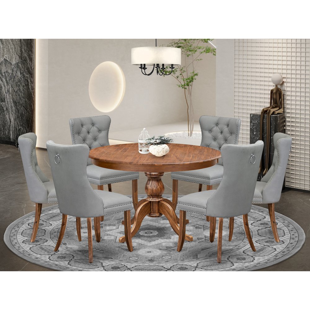 7-Pc Mid Century Dining Set Contain A Table And 6 Light Gray Upholstered Chairs