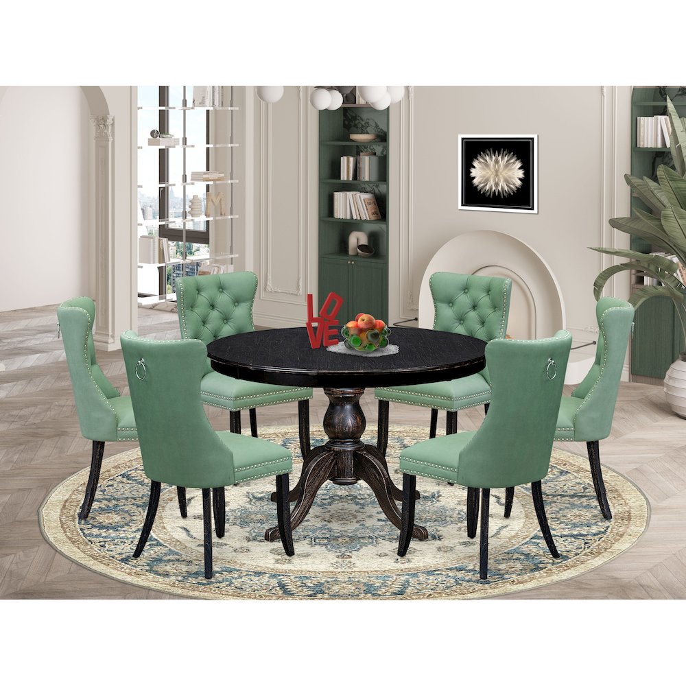 7 Piece Dinette Set Consists Of 48″ Round Table In Willow Green Color