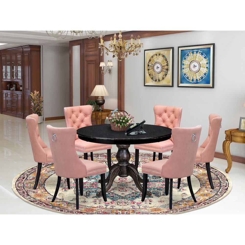 7 Piece Dining Set Contains 48″ Round Kitchen Table In Beige Red Color