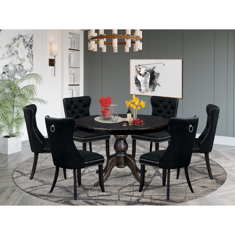 7 Piece Kitchen Table Set Consists Of 48″ Round Table In Black Color