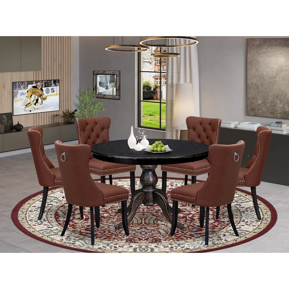 7 Piece Dining Table Set Contains 48″ Round Table In Burgandy Color