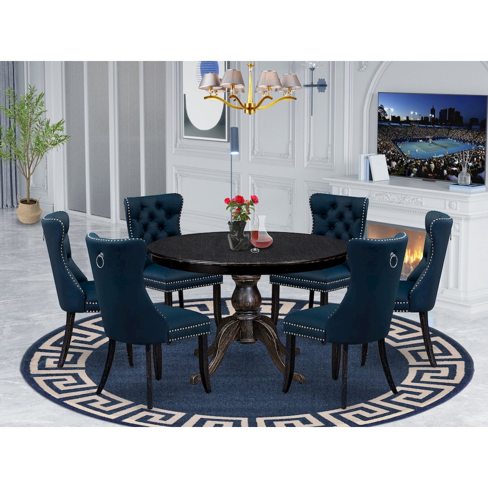 7 Piece Dining Table Set Consists Of 48″ Round Table In Navy Blue Color