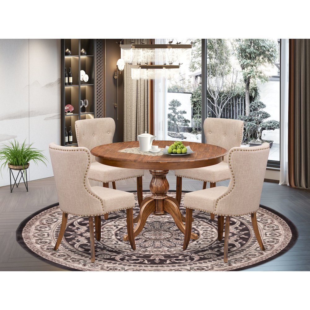 5-Pc Dining Set A Pedestal Dining Table & 4 Light Tan Linen Fabric Padded Chairs