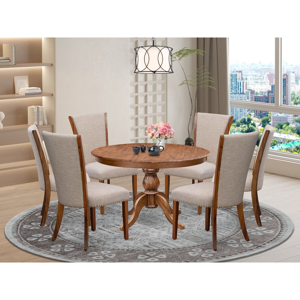 7 Piece Dining Set For 6 Contains 48″ Round Table In Light Tan Color