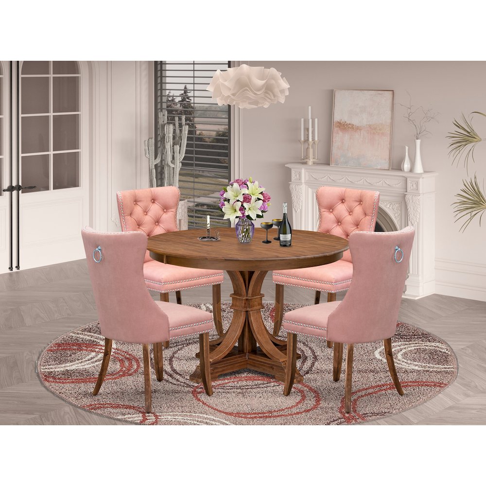 5-Pc Kitchen Table Set Include A Wooden Table And 4 Beige Red Padded Chairs