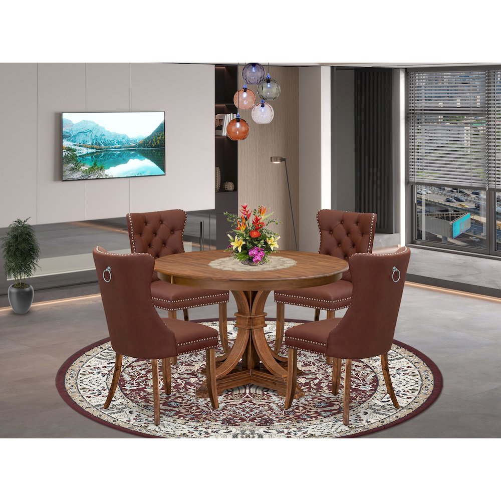 5-Pc Modern Table Set Include A Wooden Table And 4 Burgundy Upholstered Chairs