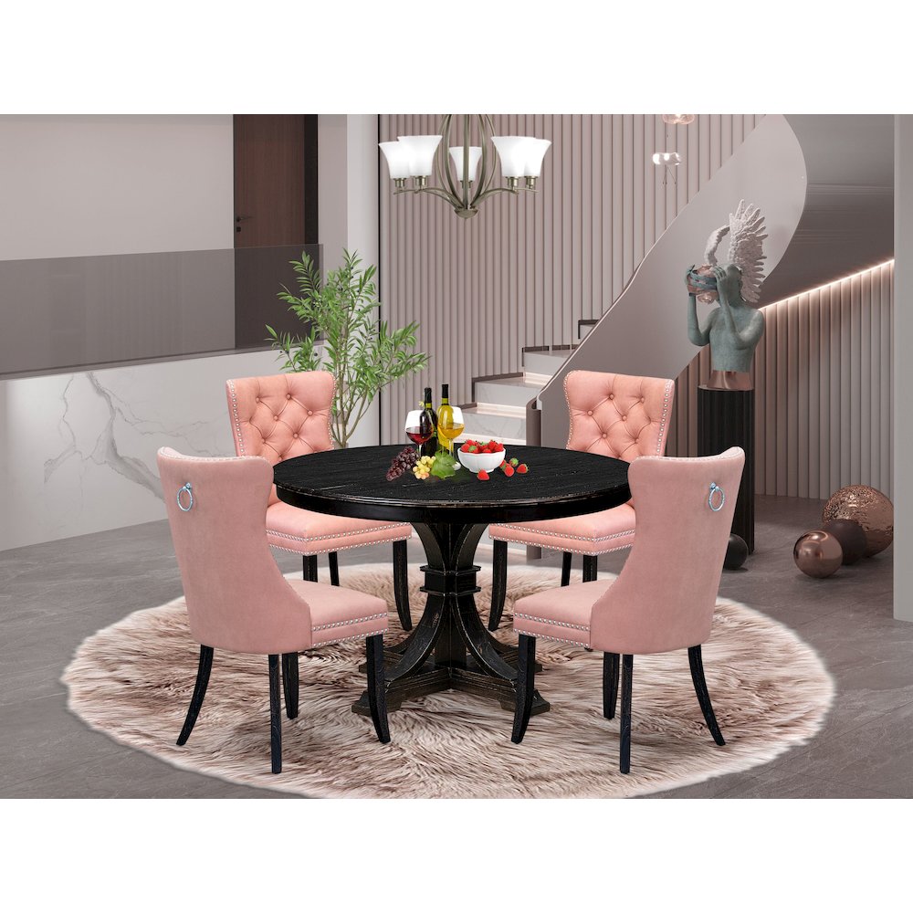 5 Piece Dining Set For 4 Includes 48″ Round Table In Beige Red Color