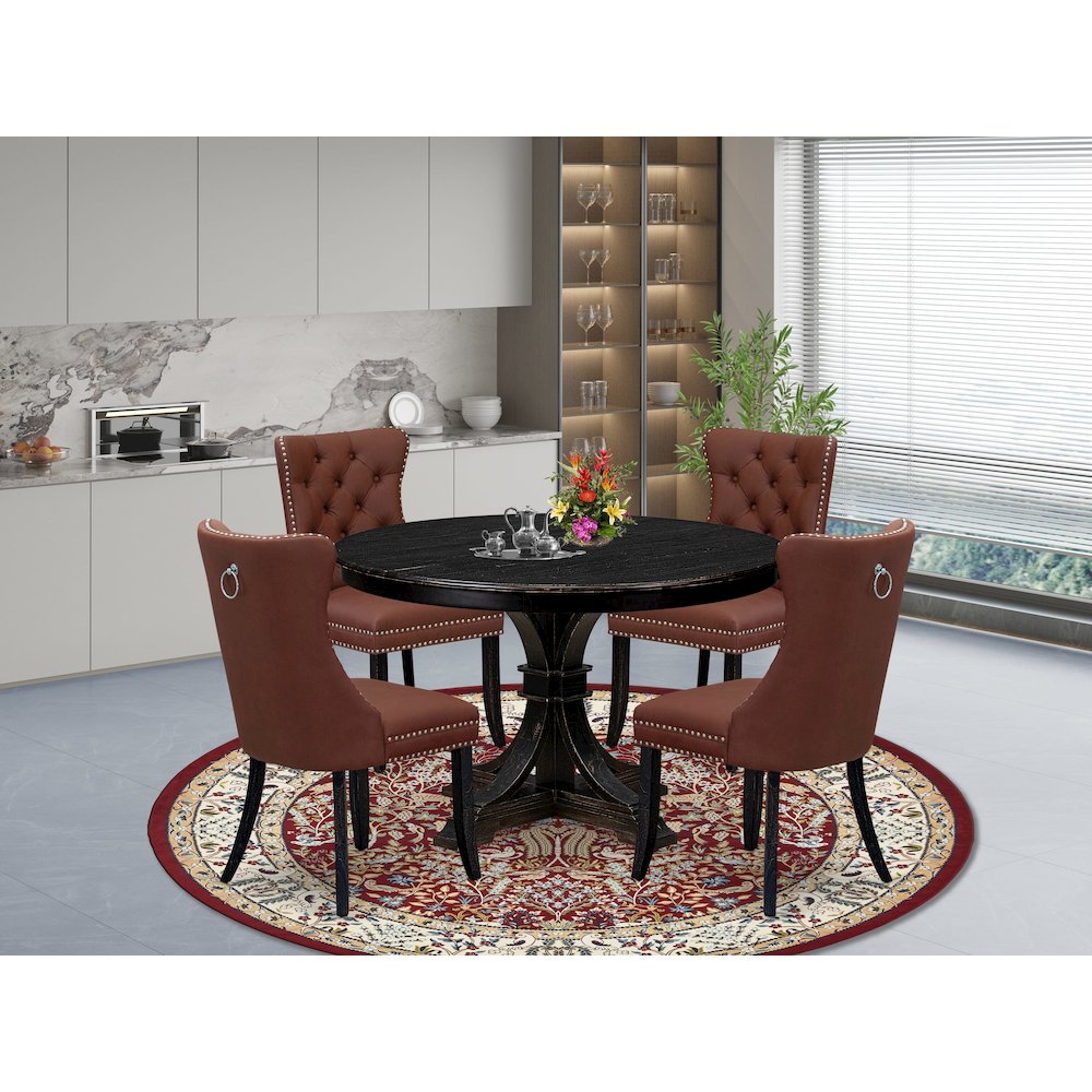 5 Piece Dining Table Set Includes 48″ Round Table In Burgandy Color