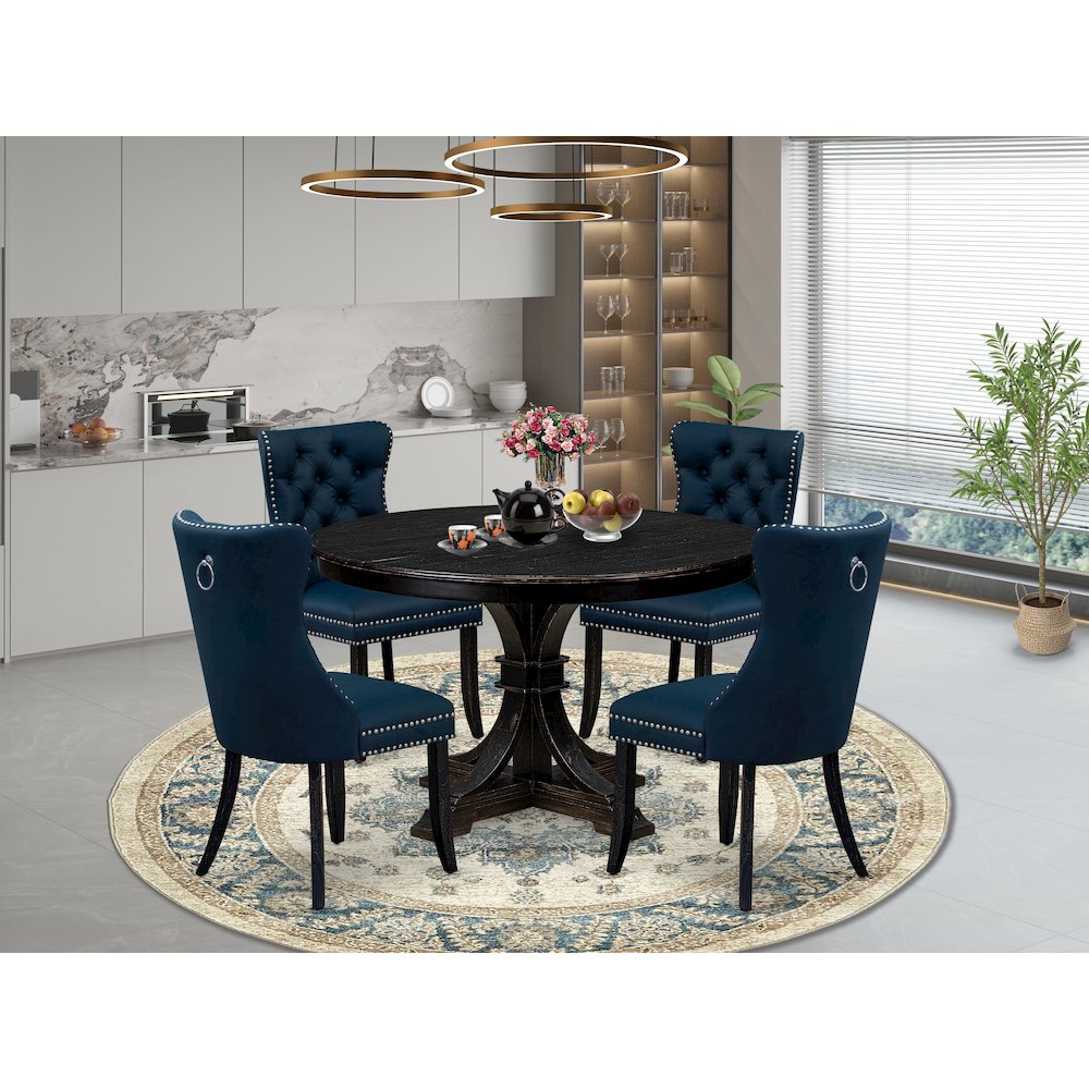 5 Piece Dining Table Set Contains 48″ Round Table In Navy Blue Color