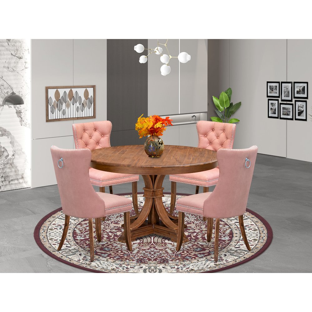 5-Pc Dining Table Set Consist A Kitchen Table And 4 Beige Red Padded Chairs