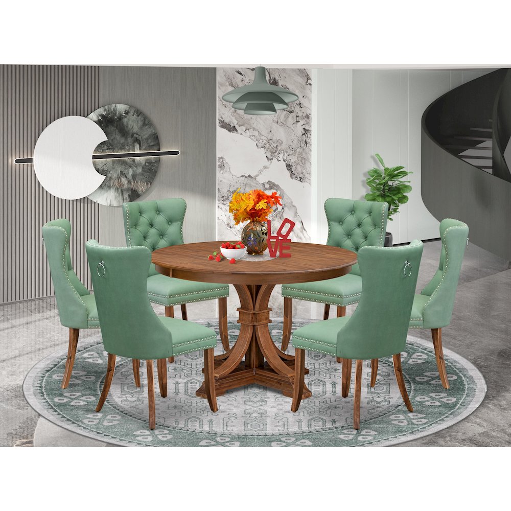 7-Pc Dinner Set Consist A Mid Century Dining Table And 6 Willow Green Chairs
