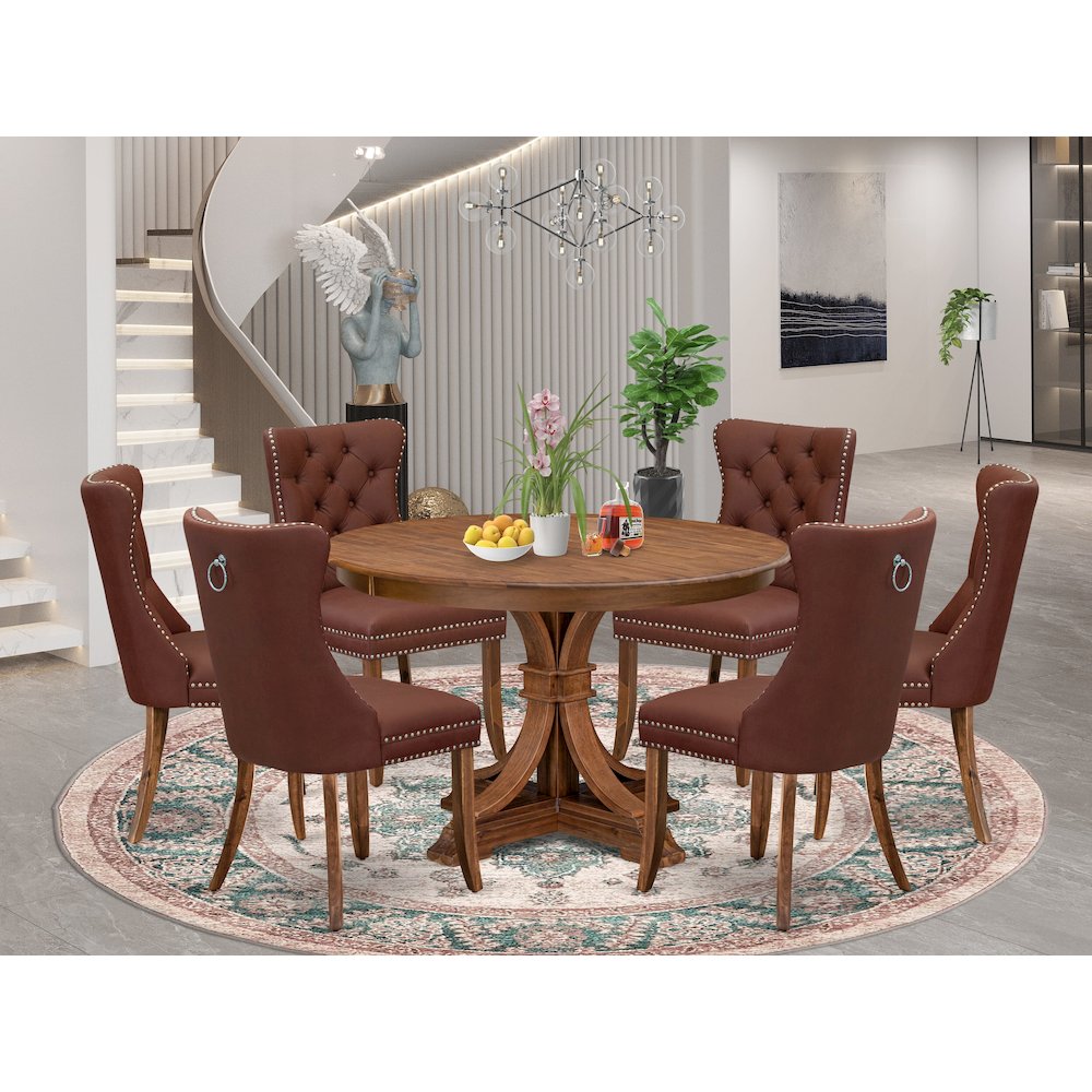 7-Pc Modern Set Consist A Mid Century Dining Table And 6 Burgundy Parson Chairs