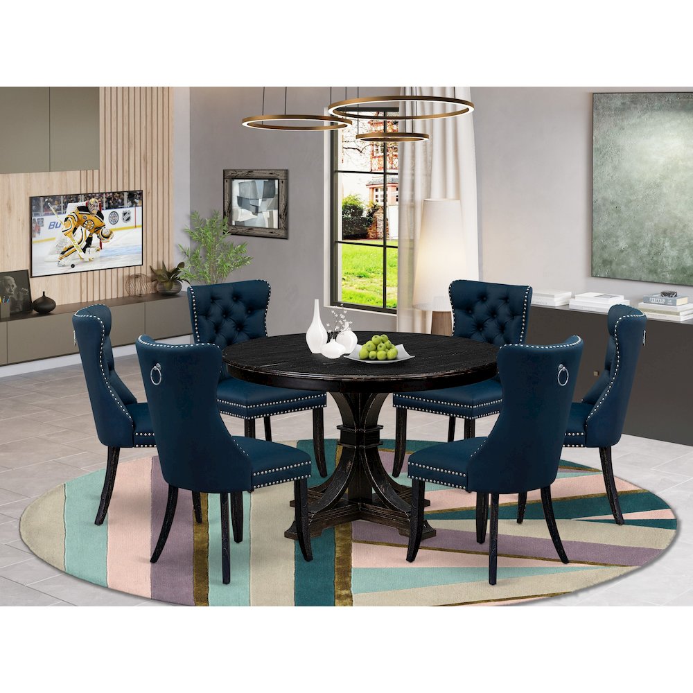 7 Piece Dining Table Set Includes 48″ Round Table In Navy Blue Color