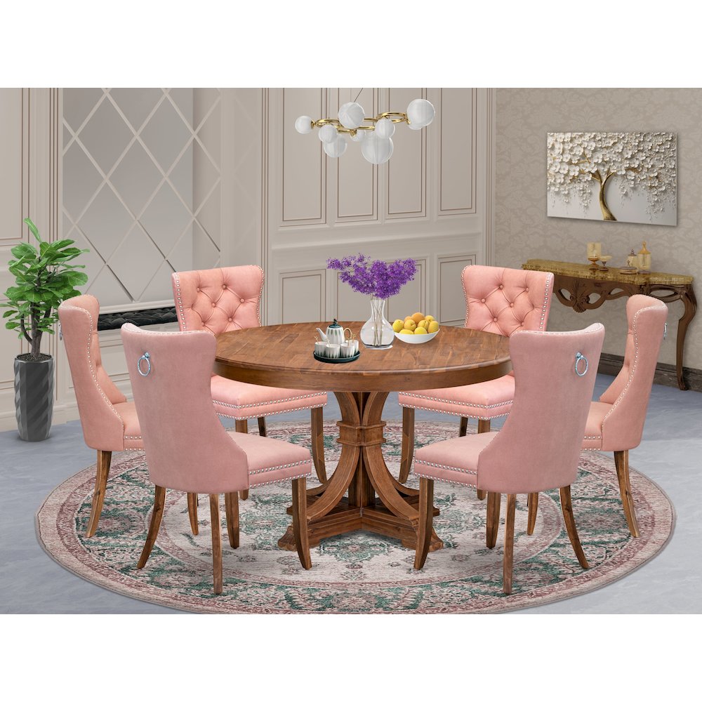 7-Pc Modern Dining Set Contain A Dining Table And 6 Beige Red Upholstered Chairs