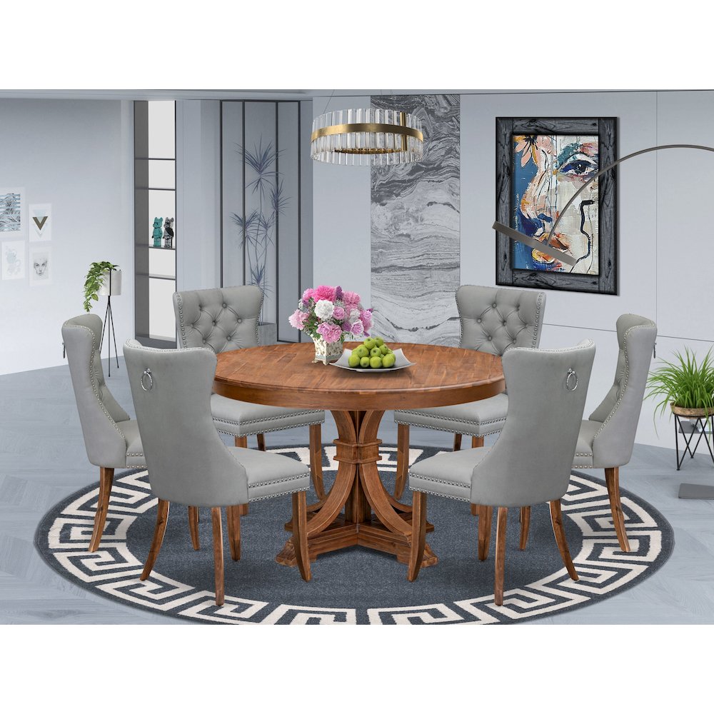 7-Pc Dining Room Table Set Contain A Table And 6 Light Gray Upholstered Chairs